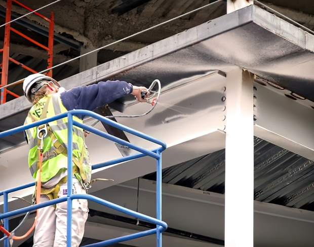 Intumescent coating application in NYC by Malatesta Paladino, structural steel fabricators specializing in fireproofing for exposed steel in commercial buildings.